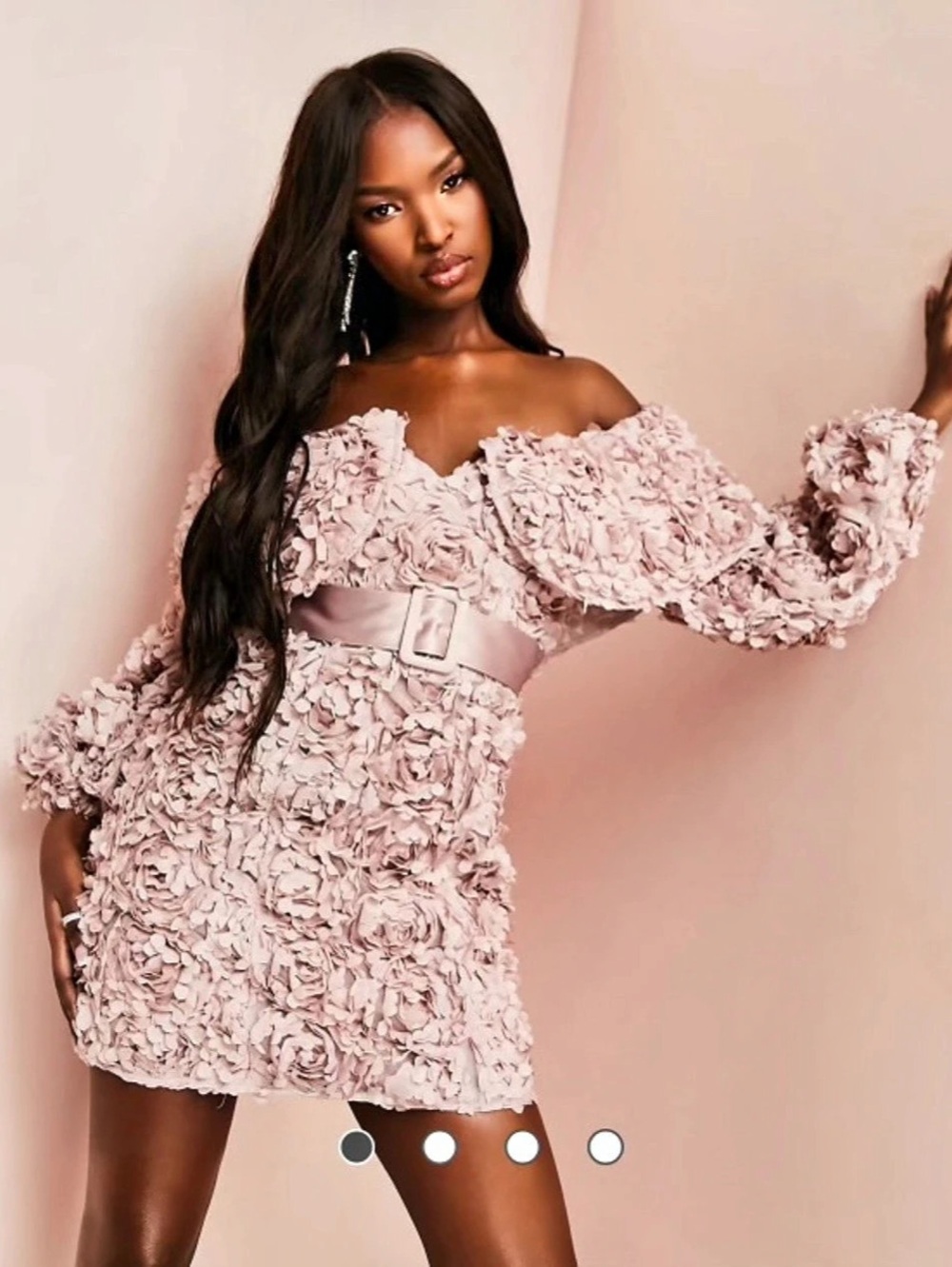 ASOS LUXE 3D Floral Off Shoulder Embellished Mini Dress with Caged Skirt in Rose